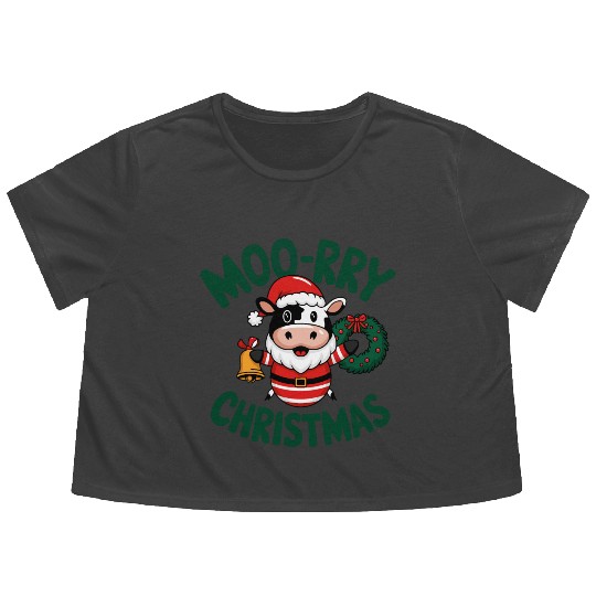 Moo-rry Christmas Festive Cow Flowy Cropped Tees
