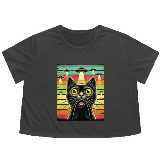 Fun Cat sunset Galaxy Cat Spaceship Alien Cat UFOs Flowy Cropped Tees