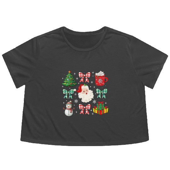 Christmas Coquette Bow Holiday Santa Family Tree Flowy Cropped Tees