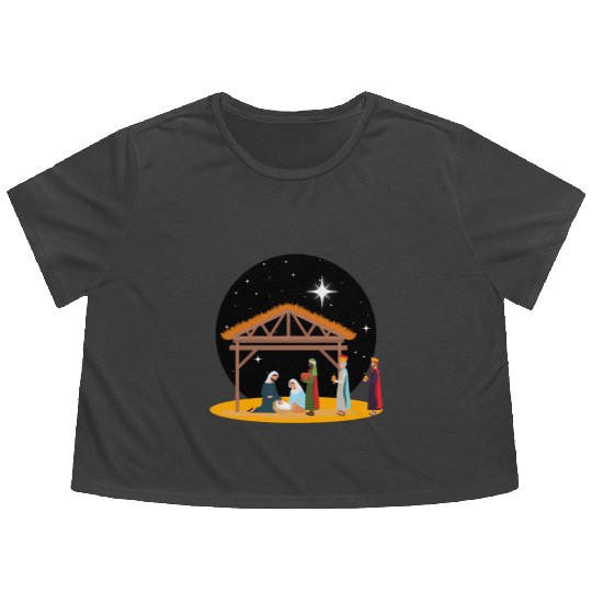 Christmas Holiday Manger Nativity Scene Flowy Cropped Tees