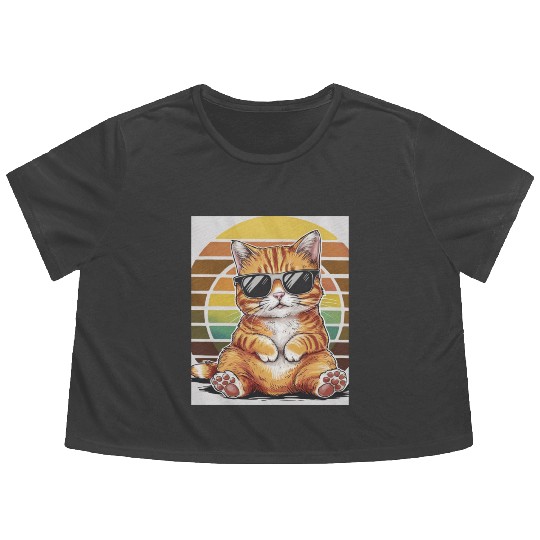 Cool Orange Tabby Cat Sunglasses and Retro Sunset Flowy Cropped Tees