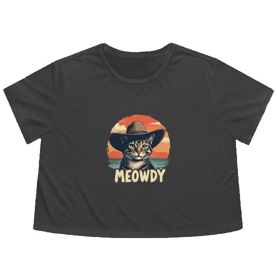 Meowdy Cowboy Cat Funny Howdy Meowdy Cowboy Cat Flowy Cropped Tees