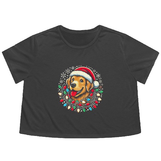 Golden Retriever with Santa Hat & Christmas Flowy Cropped Tees