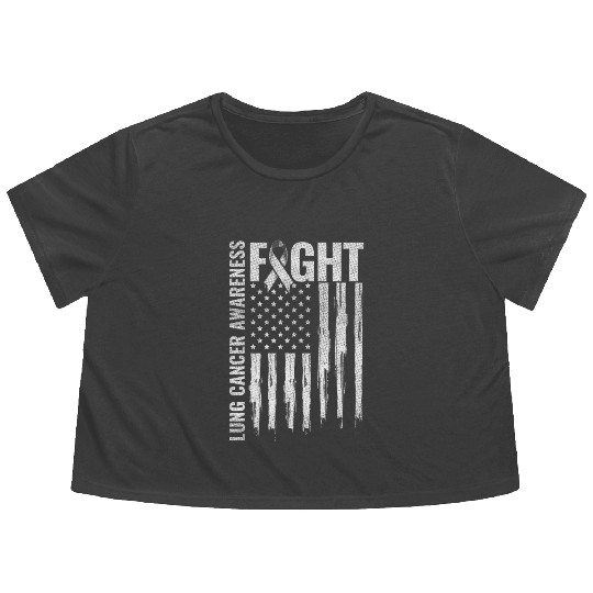 Lung Cancer Awareness White Ribbon Fight USA Flag Flowy Cropped Tees