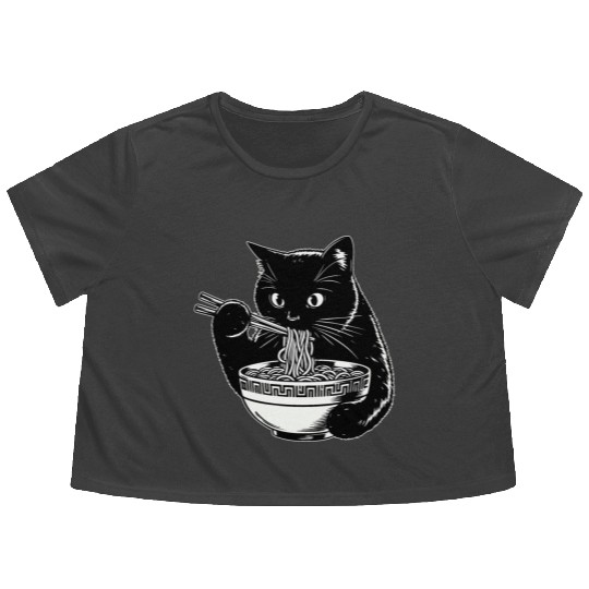 Cat Eating Ramen Noodles Japanese Funny Flowy Cropped Tees