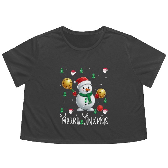 Merry Dinkmas with Christmas Pickleball Snowman Flowy Cropped Tees