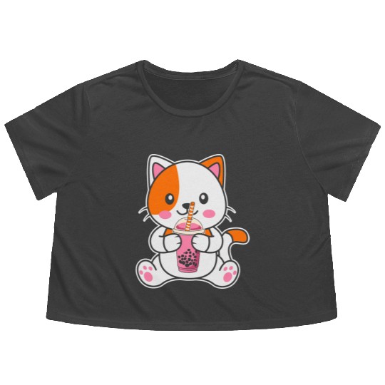 strawberry cat Flowy Cropped Tees