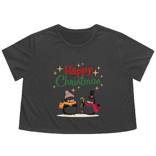 Cute cartoon penguins celebrating Christmas Flowy Cropped Tees