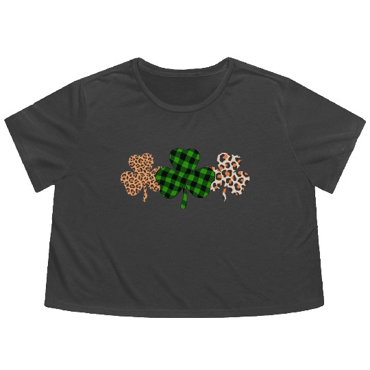St Patricks Day Lucky Irish Green Plaid Shamrock Flowy Cropped Tees