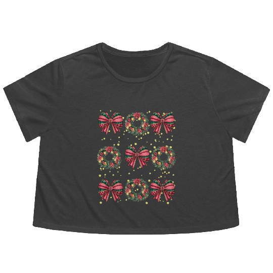 Christmas wreath, Christmas Coquette Bow Flowy Cropped Tees