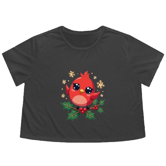 Elegant Christmas Cardinal on Holly Branch Flowy Cropped Tees