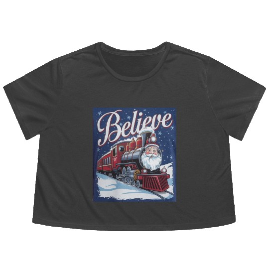 Believe Train North Pole Xmas Santa Claus Christma Flowy Cropped Tees
