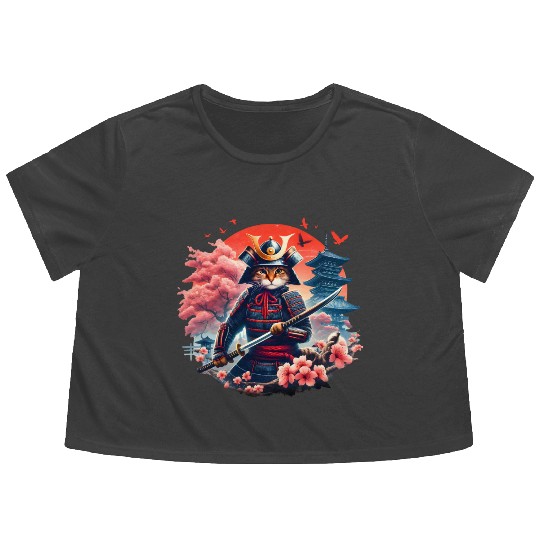 Samurai Cat Graphic Warrior Vintage Japanese Anime Flowy Cropped Tees