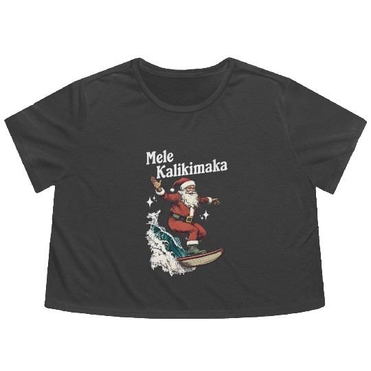 Mele Kalikimaka Hawaiian Christmas Surfing Santa Flowy Cropped Tees