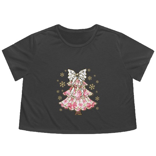 Preppy Pink Coquette Bow Xmas Tree Flowy Cropped Tees