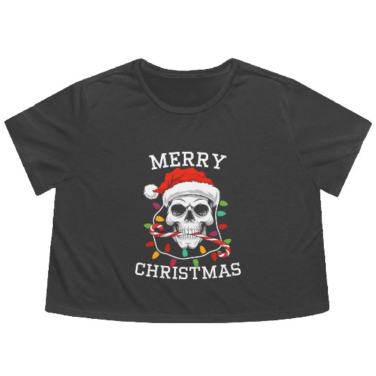 Merry Christmas Skull Skeleton with Santa Hat Xmas Flowy Cropped Tees
