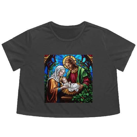 Holly family cristal stained glass image Flowy Cropped Tees