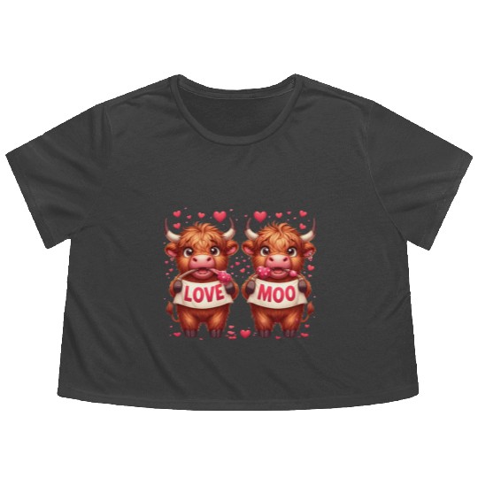 Cute cartoon valentines highland cow Flowy Cropped Tees