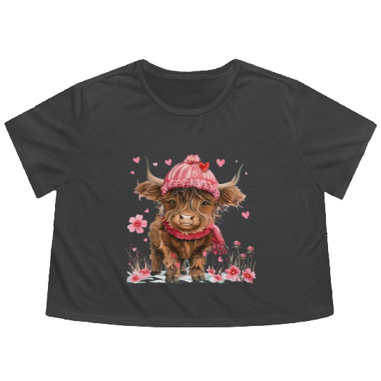Cute Highland Cow Valentines Day Flowy Cropped Tees