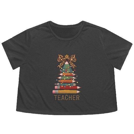 Christmas Tree Pencil Teacher Leopard Bow Design Flowy Cropped Tees