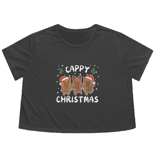Merry Christmas Cute Capybara Festive Lights Flowy Cropped Tees