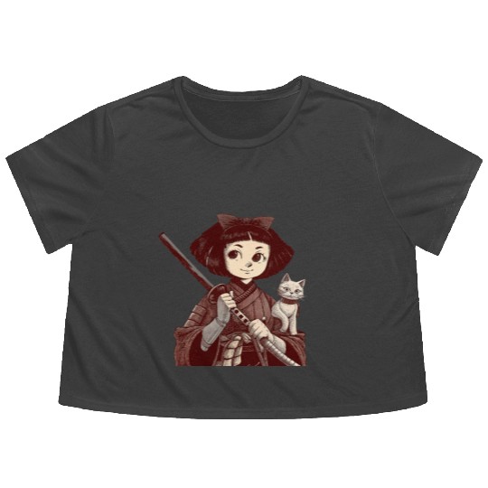 Chibi Samurai Warrior Cat Companion & Blossoms Flowy Cropped Tees