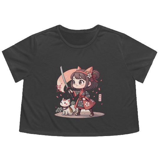 Adorable Anime Samurai Girl: Cat & Katana Design Flowy Cropped Tees