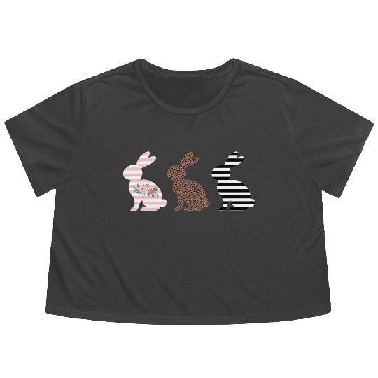 Happy Easter Cute Easter Leopard Bunny Rabbit Flowy Cropped Tees