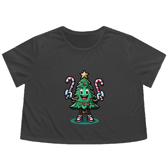 Happy Christmas Tree With Candy Canes Retro Flowy Cropped Tees