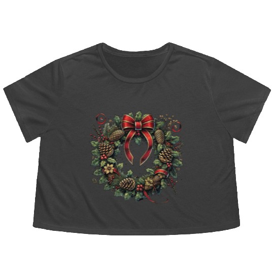 Rustic Christmas Wreath with Holly and Pine Cones Flowy Cropped Tees