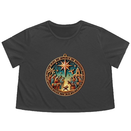 Christmas Nativity Scene Wooden Ornament Flowy Cropped Tees