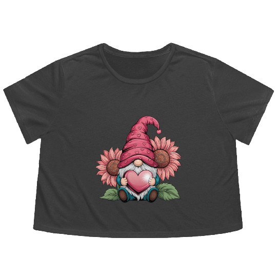 Happy Valentines Gnome with Sunflower Flowy Cropped Tees