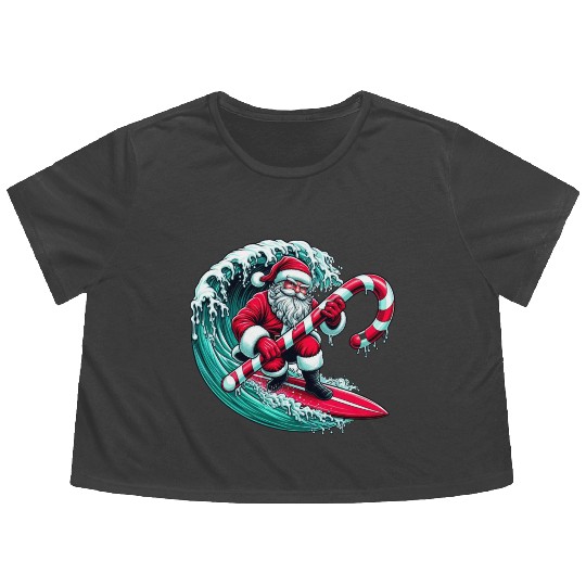 Santa Surfing Candy Cane Wave - Christmas Gifts Flowy Cropped Tees