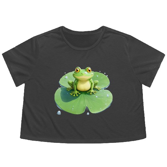 Cheerful Frog on Lily Pad Flowy Cropped Tees