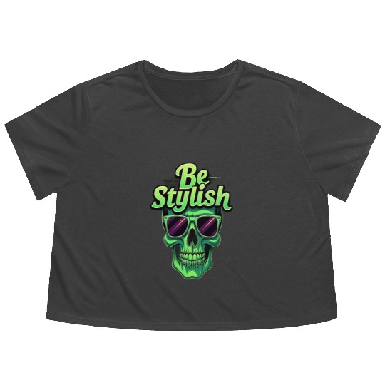 Be Stylish Vibrant Green Skull with Sunglasses Flowy Cropped Tees
