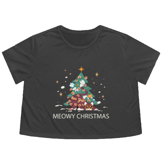 Meowy Christmas Tree Surprise Flowy Cropped Tees