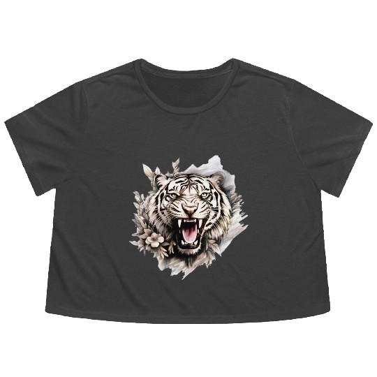 "Tiger Flowy Cropped Tees Women's - Wild Animal Graphic Flowy Cropped Tees"