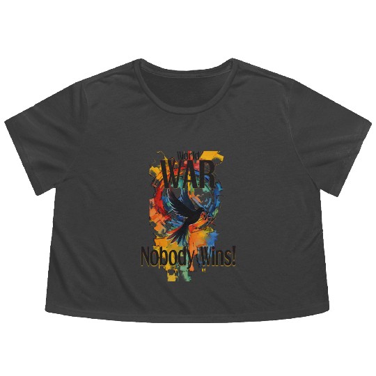 World War Nobody Wins Black Dove and Text Flowy Cropped Tees