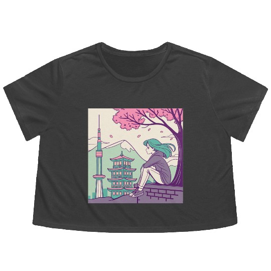 "Peaceful Anime Vibes: Girl Relaxing with Sakura Flowy Cropped Tees