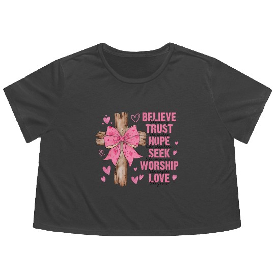 Coquette Bow Jesus Valentine Believe Like Mary Flowy Cropped Tees