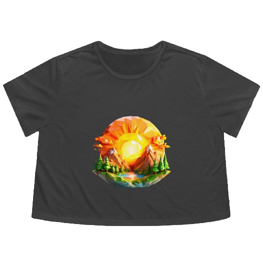 Vibrant Geometric Sunrise Landscape – Nature-Inspi Flowy Cropped Tees