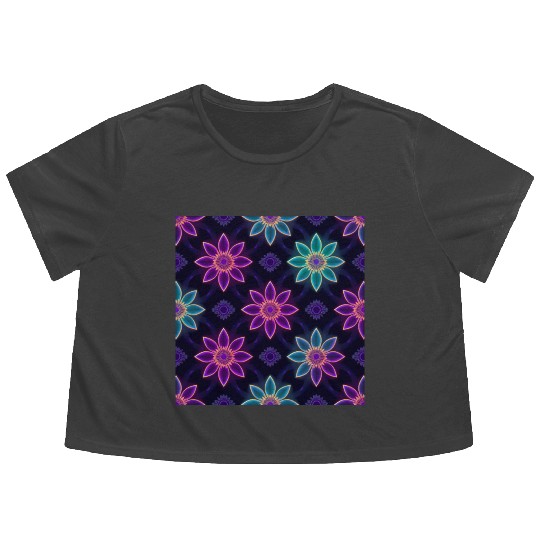 Seamless Colorful Neon Floral Pattern Flowy Cropped Tees