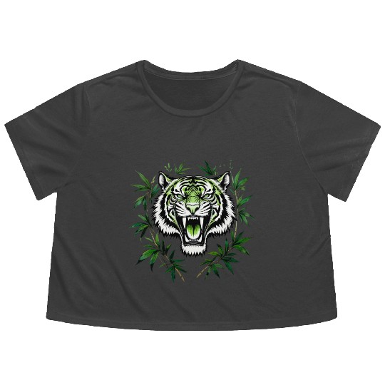 Fierce Green Tiger with Bamboo Branches Flowy Cropped Tees
