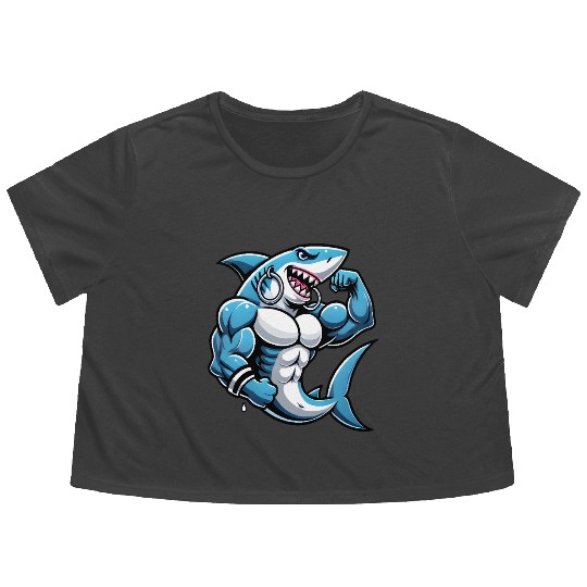 Muscular Shark women - Cool Cartoon Design Flowy Cropped Tees