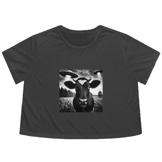Cow cattle heifer Funny Graphic Selfie with UFO We Flowy Cropped Tees
