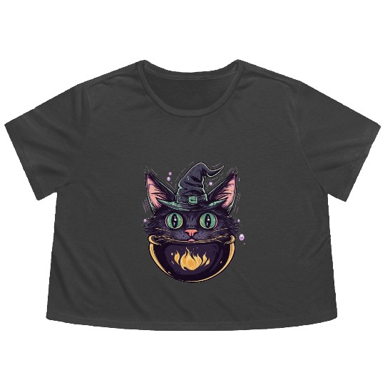 Cat Boiler Cat Witch Halloween Flowy Cropped Tees