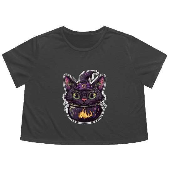 Cat Boiler Cat Witch Halloween Flowy Cropped Tees