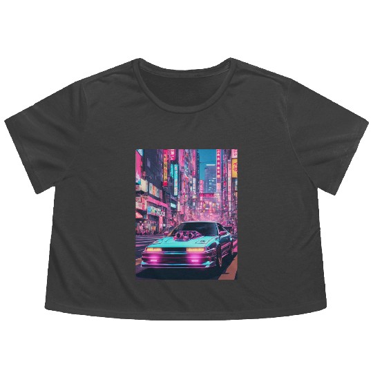 Scooped street racer in downtown Tokyo vaporwave Flowy Cropped Tees