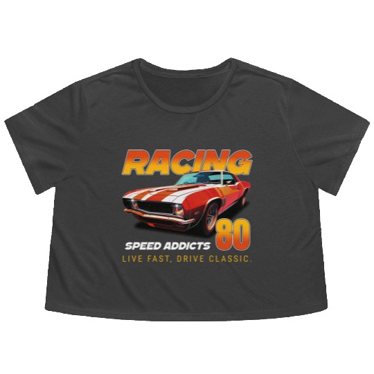 Racing Classic Car Graphic Flowy Cropped Tees, Retro Muscle Car