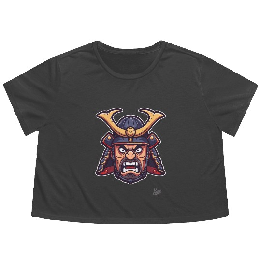 Angry Samurai Warrior Head Illustration Flowy Cropped Tees